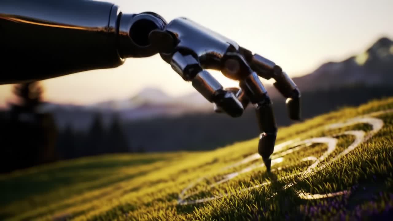 A Robotic Hand Skillfully Engages with Nature by Drawing Patterns on Lush Green Grass During a Beautiful Sunset, Merging Technology and the Natural World