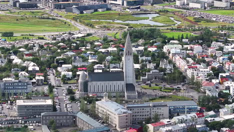 reykjavik, iceland, aerial view of hallgrimskirkja church and downtown buildings on sunny day