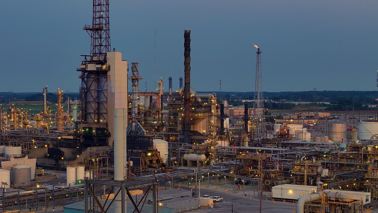 Aerial view of Cenovus Toledo Refinery showing towers and piping systems at dusk