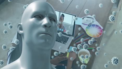 Animation-of-covid-19-cells-and-human-bust-over-businesswoman-on-laptop-video-call