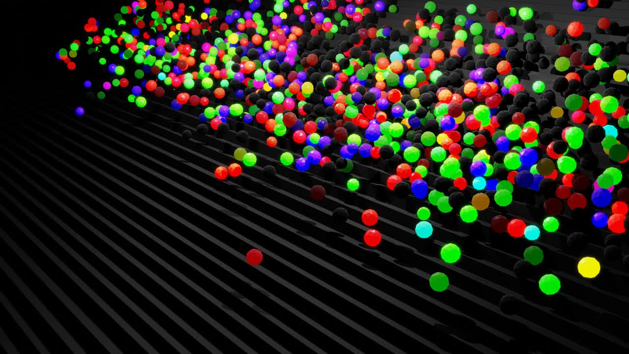 Spheres or balls fall down on steps bounce off stair and roll down light up and form pattern. Spheres and balls like abstract bulbs or garland. Abstract background 4k 3d render Motion design nft style