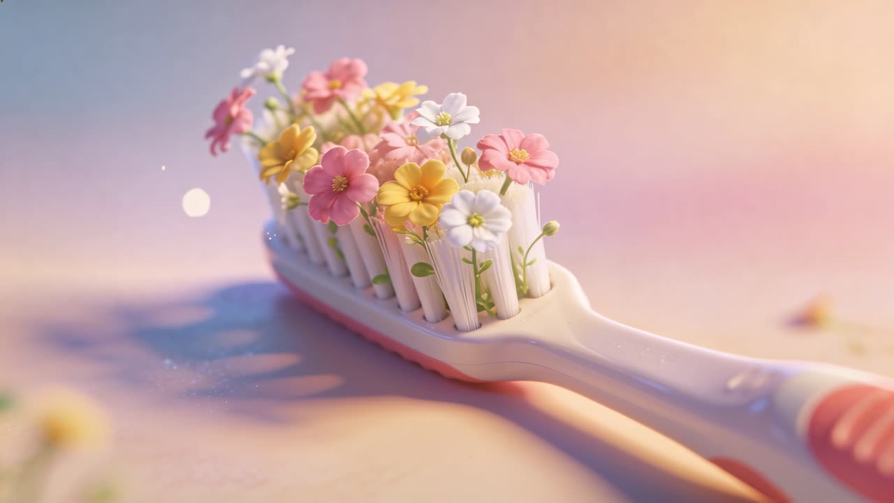 Kameraet zoomer, mens en hvid tandbørste roterer på en pastelbordplade, der viser små blomsterdetaljer og bokeh.