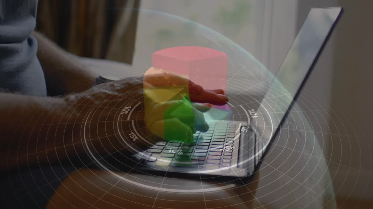 animación de gráfico circular 3d en todo el mundo contra la sección media de un hombre caucásico trabajando en una computadora portátil en casa