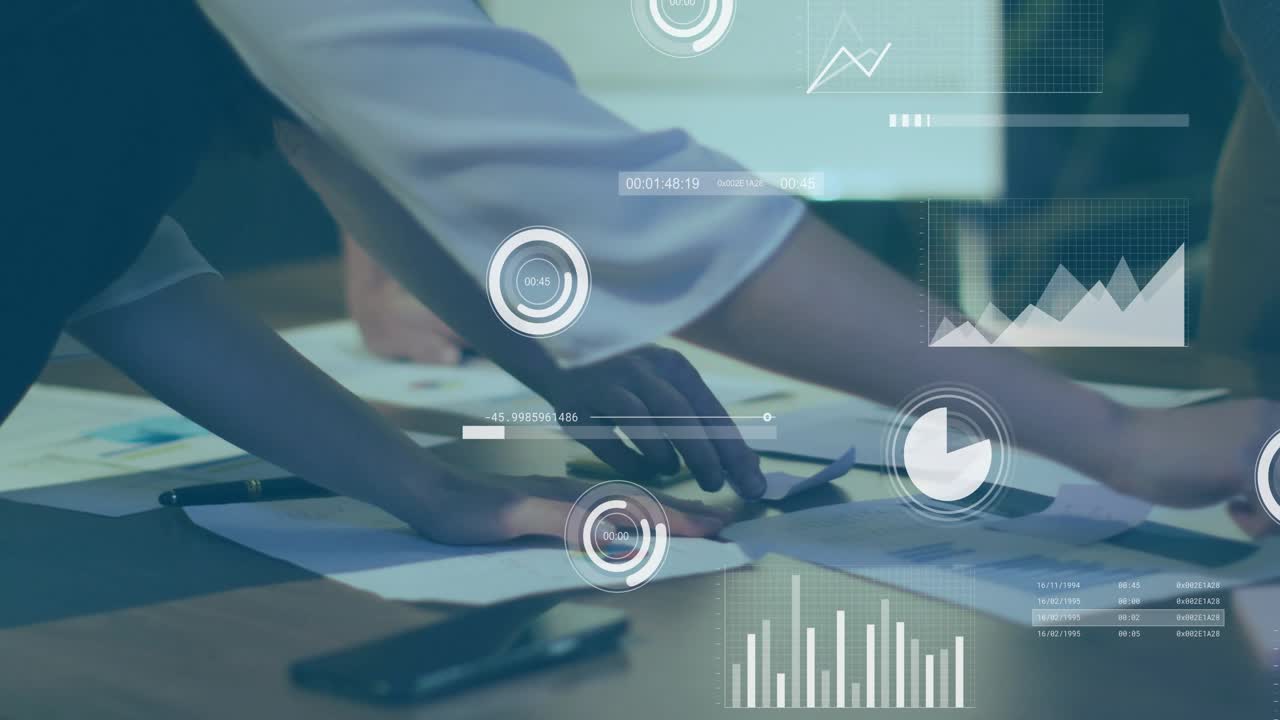 Colleagues leaning over charts, pointing segment, circling data as finance metrics updating