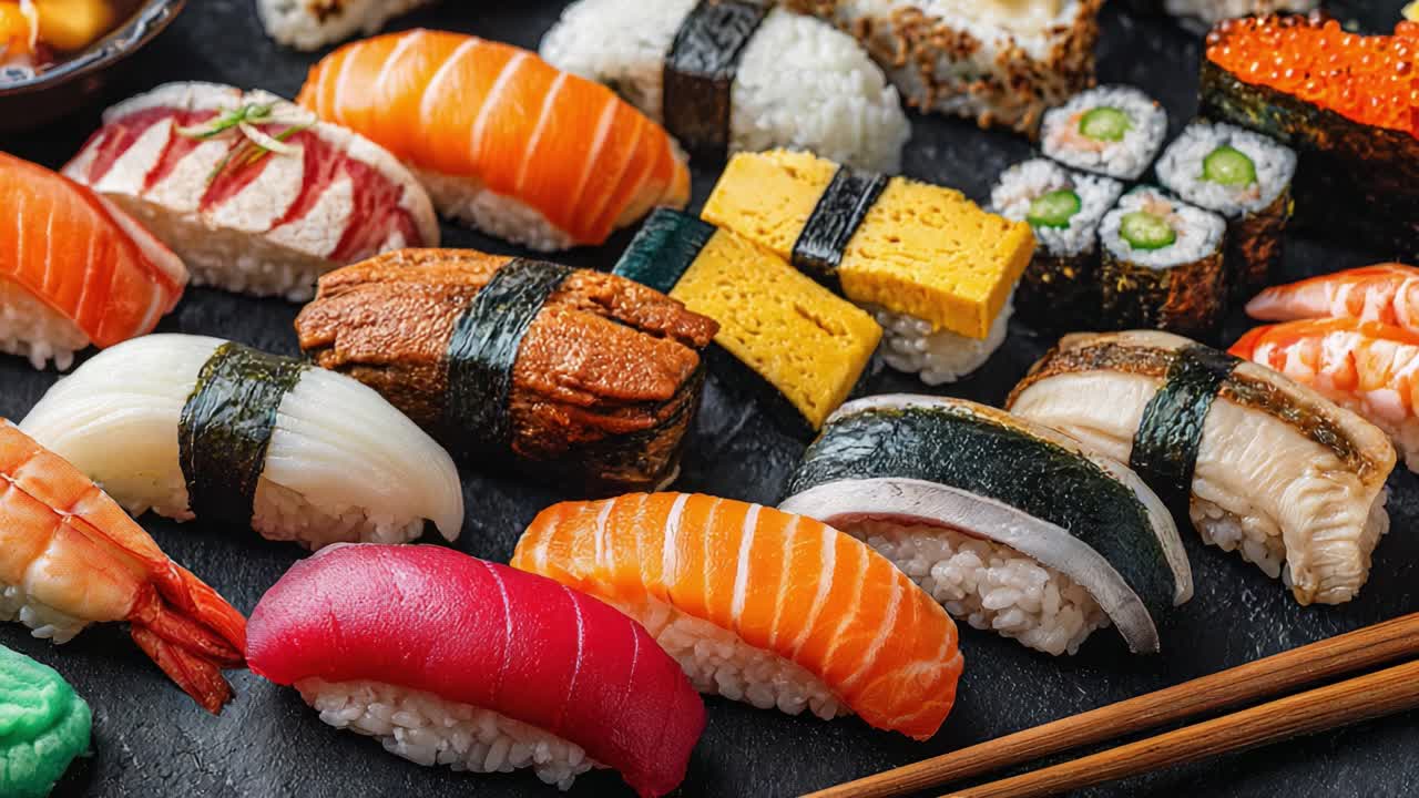 A Mouthwatering Assortment of Colorful Sushi Varieties, Featuring Freshly Prepared Ingredients and Artistic Presentation for a Delightful Culinary Experience