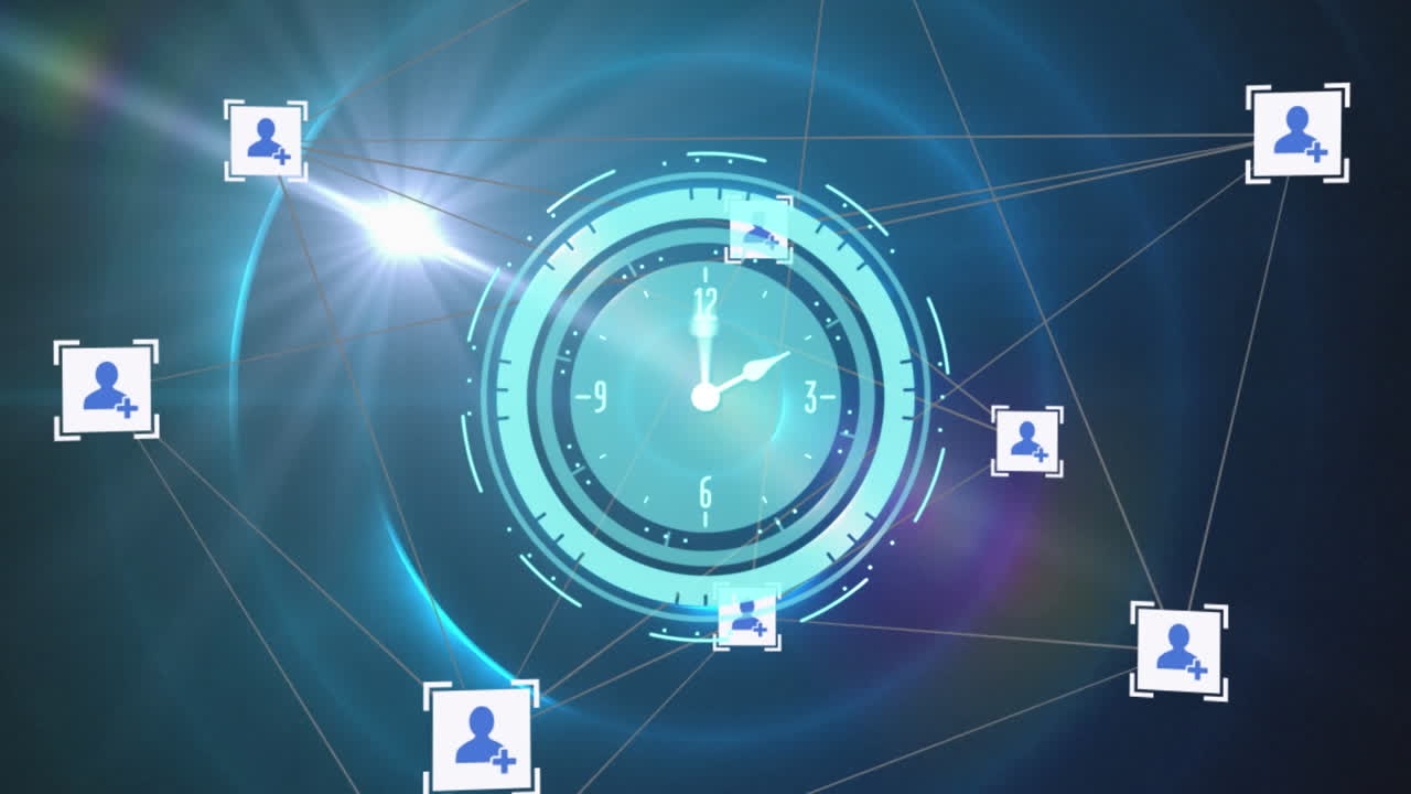 타크하는 시계의 애니메이션, 디지털 아이콘의 네트워크, 빛의 점, 원형 움직임의 빛의 흔적