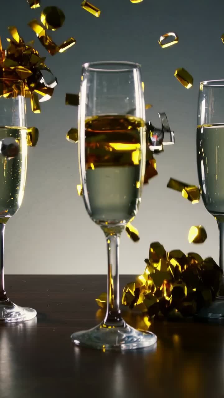 Video verticale: in studio, un flûte di champagne al centro viene riempito di coriandoli di metallo, creando increspature