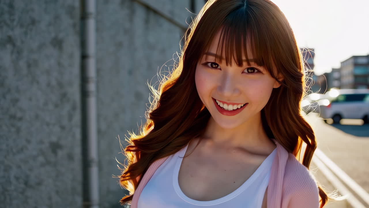 야외에서 미소 짓는 아시아 여성