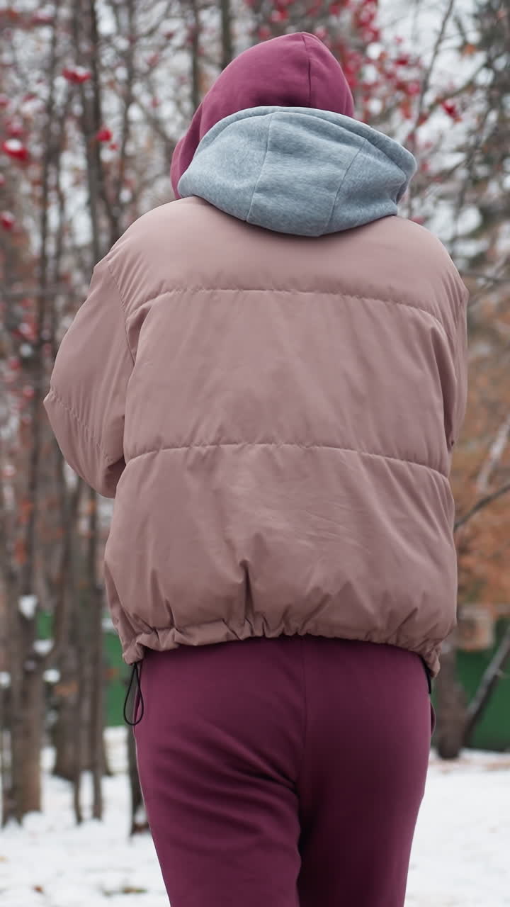 눈 인 겨울 공원을 걸어다니는 사람의 뒷면으로 볼 때, 따뜻함을 위해 후디 모자를 조정하고, 은 열매를 가진 벌거벗은 나무가 장면을 틀고, 배경에 있는 사람들은