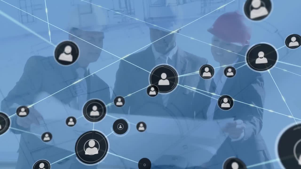Animazione di una rete di connessioni con icone su diversi architetti con progetti.