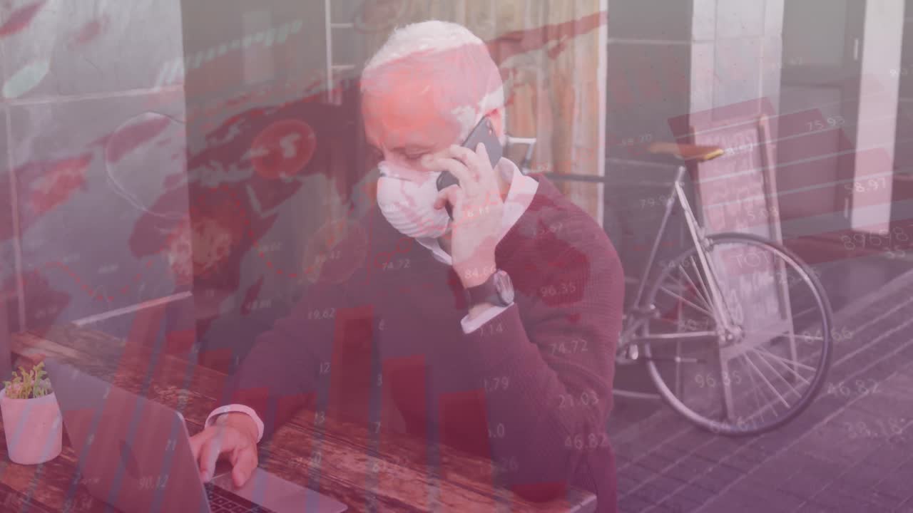 마스크를 쓰고 있는 노인 위에 있는 세계 지도 백신의 애니메이션