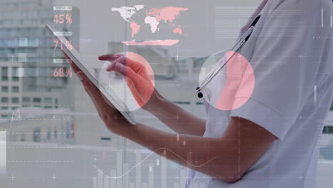 animation of financial data processing over caucasian female doctor using tablet