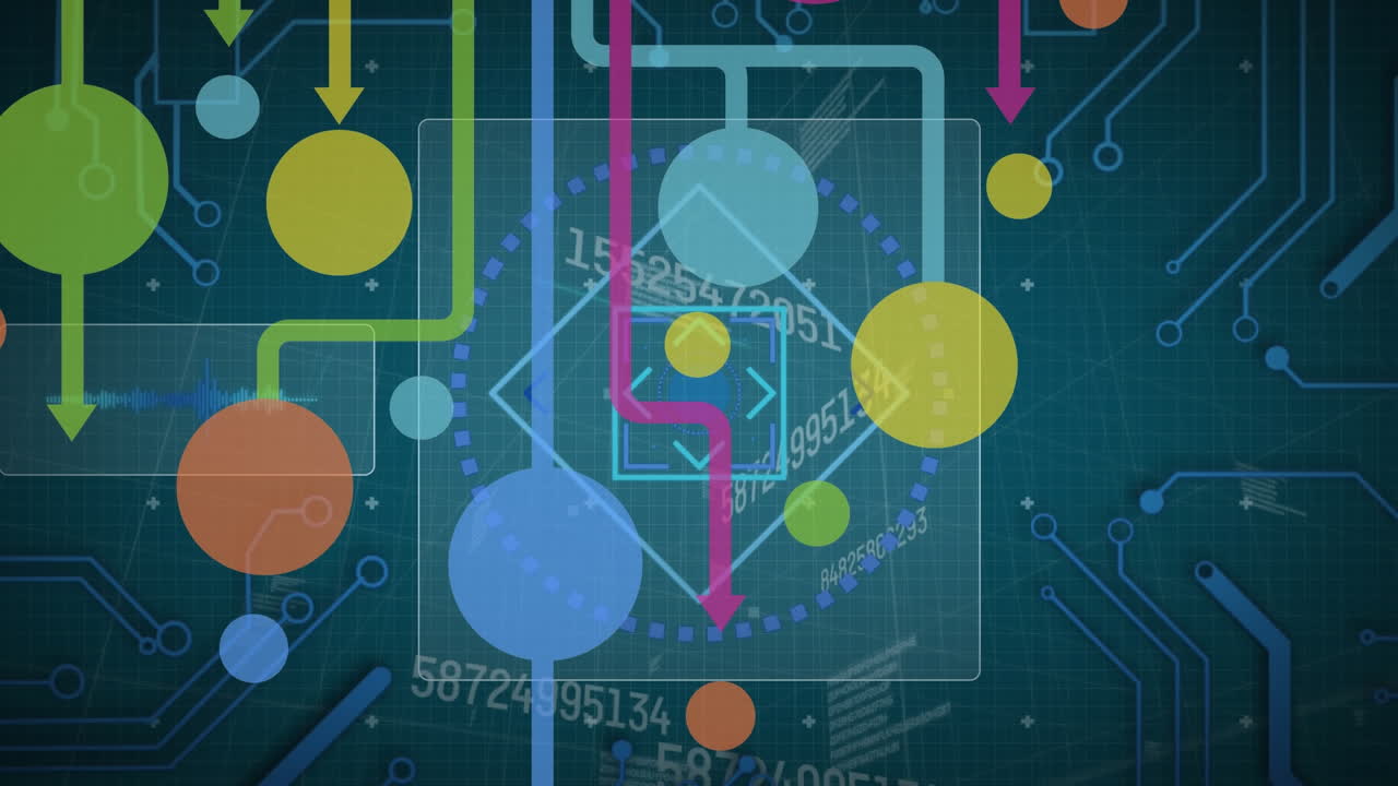 animación de flechas, conexiones y procesamiento de datos sobre fondo verde
