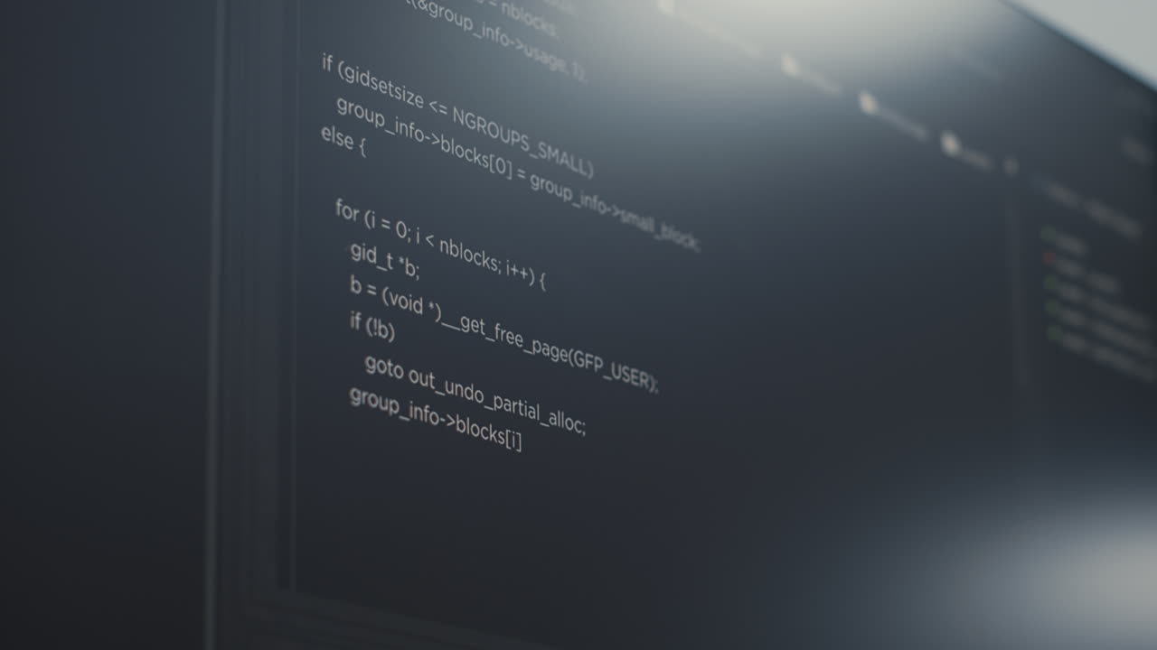 Closeup of computer display of software developer typing database functions script