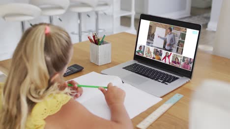 Caucasian-girl-having-a-video-conference-with-teacher-and-classmates-on-laptop-at-home