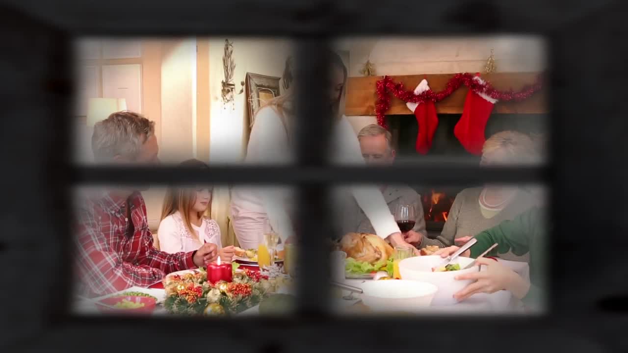 창문 을 통해 볼 수 있는 크리스마스 의 가족