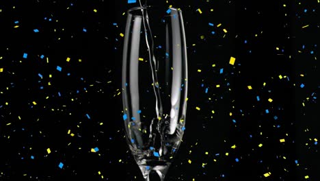 Animation-of-falling-confetti-over-champagne-getting-poured-in-flute-glass-against-black-background