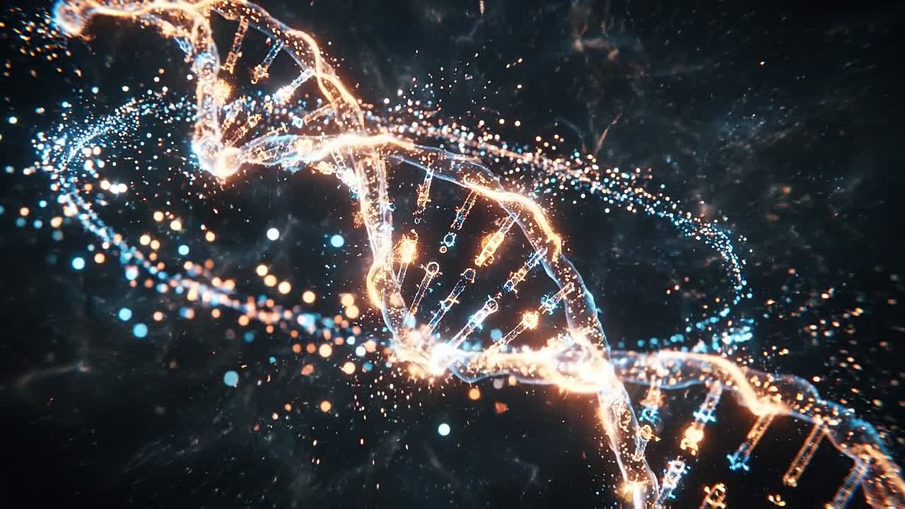 Struttura a doppia elica del DNA astratta e luminosa con particelle scintillanti