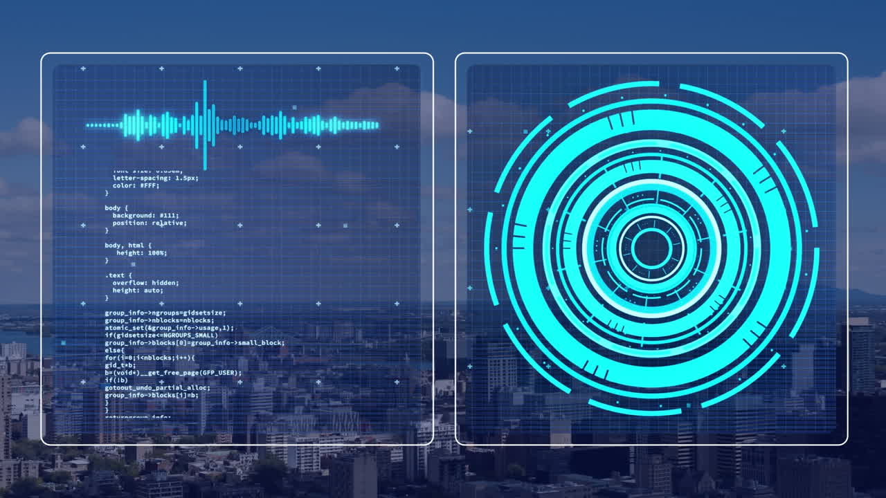 animación del procesamiento de datos con escaneo de alcance sobre el paisaje urbano
