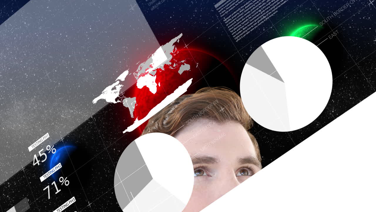 animación de procesamiento de datos sobre el hombre caucásico y los planetas