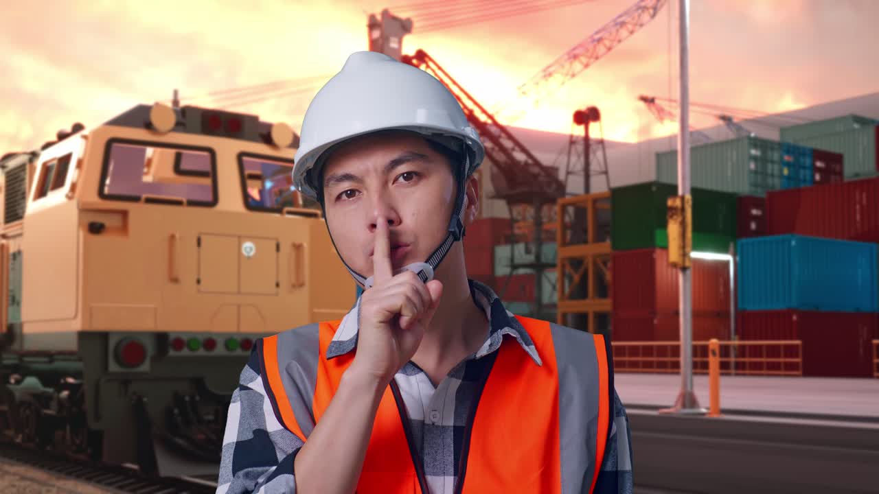 Construction Worker at Port with Finger on Lips