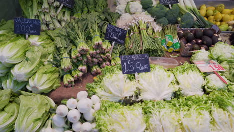 スペイン の バレンシア の マルコ・セントラル の カウンター に 置か れ た 新鮮 な サラダ と 野菜