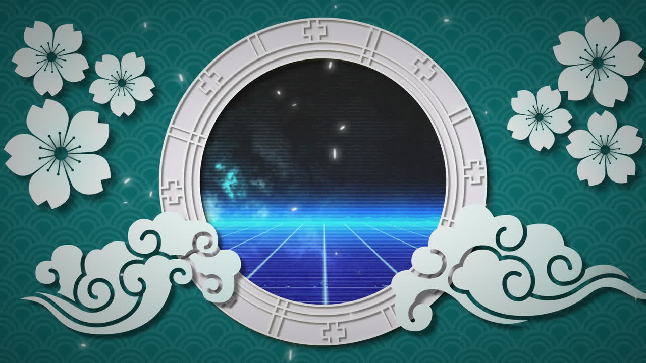 디지털 풍경 위에 파란 꽃의 애니메이션