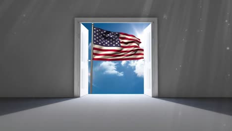 Türen-öffnen-Sich-Auf-Der-Amerikanischen-Flagge,-Die-Am-Himmel-Weht