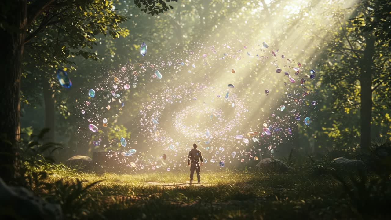 A Mysterious Encounter in a Sunlit Forest: A Figure Stands Amidst a Whirling Galaxy of Colorful Crystals and Magical Light Beams, Evoking a Sense of Wonder and Adventure