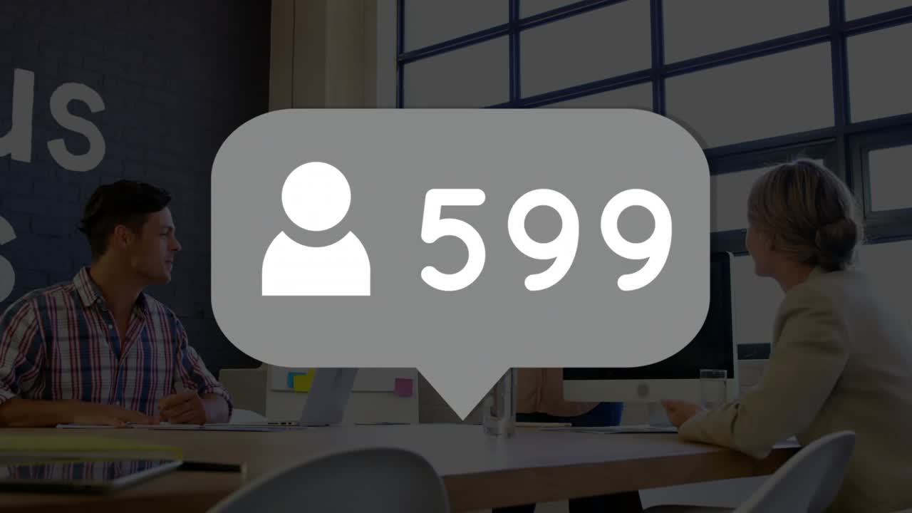 Presenter speaking in business meeting, overlay fading in and showing rising follower count