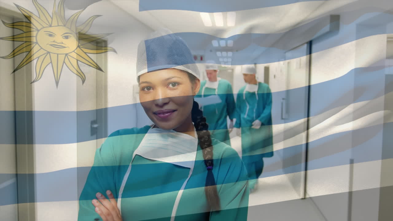 수술실 에 있는 외과 의사 들 위 에 우루과이 의  ⁇ 발 이 흔들리는 애니메이션