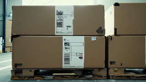 cardboard boxes stacked on pallets fill a storage room, while changing light creates dynamic shadows as the camera glides smoothly along the rows of boxes