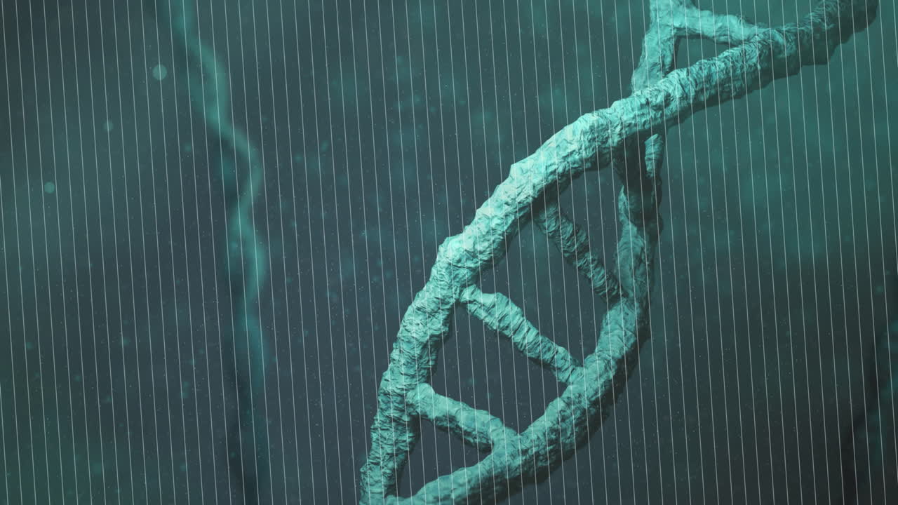 animación de la cadena de adn y manchas blancas sobre fondo negro