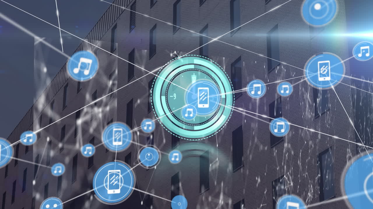 animación de la red de conexión con iconos sobre el paisaje urbano