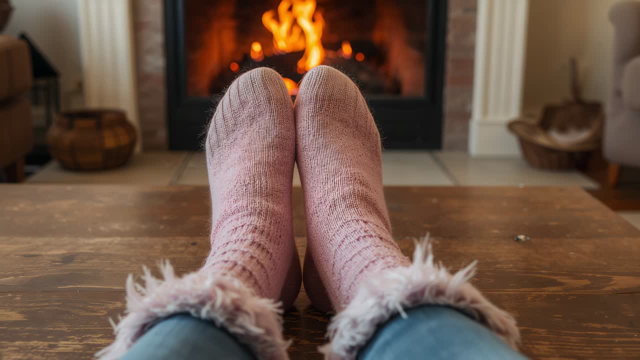 Piedi che si muovono, partendo insieme sul tavolo di casa verso il camino, rilassandosi con calzini rosa e jeans