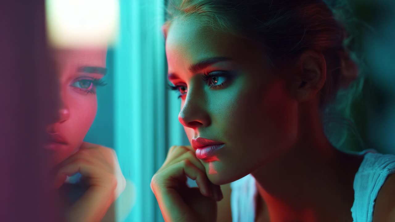 A young woman gazes thoughtfully through a colorful window reflection, her expressive features illuminated by vibrant hues, capturing a moment of introspection and emotional depth in a beautifully lit scene