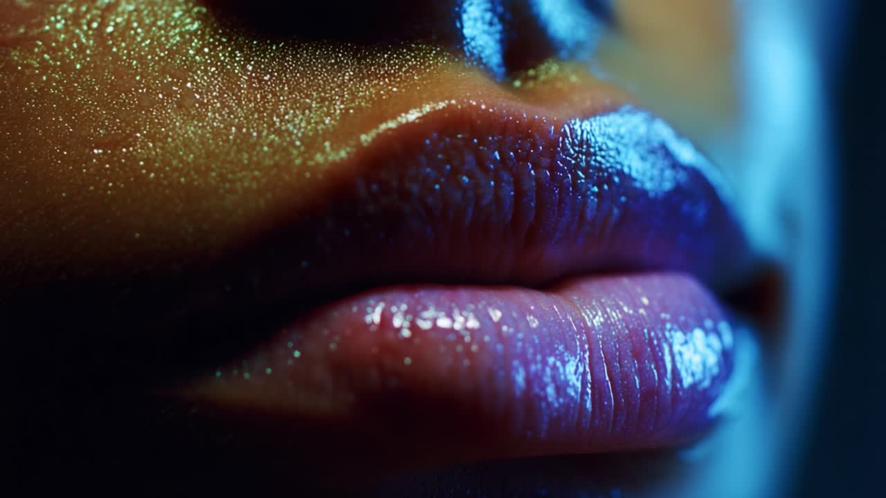 An Artistic Close-Up of Glossy Lips Reflecting Light, Showcasing Intricate Textures and Vibrant Colors in a Hypnotic and Sensual Presentation of Beauty