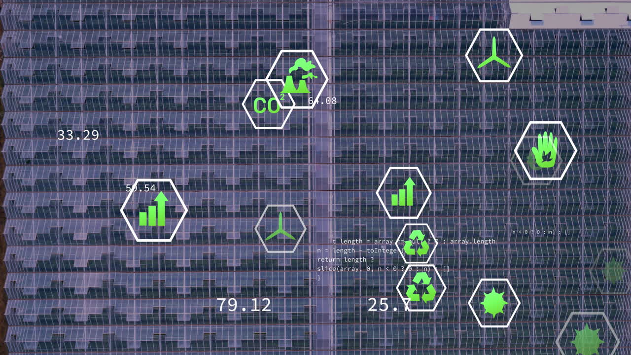 Animation of eco icons and data processing over solar panels