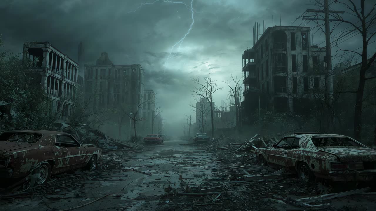 Flashing lightning illuminating abandoned street, revealing rusted cars and crumbling buildings