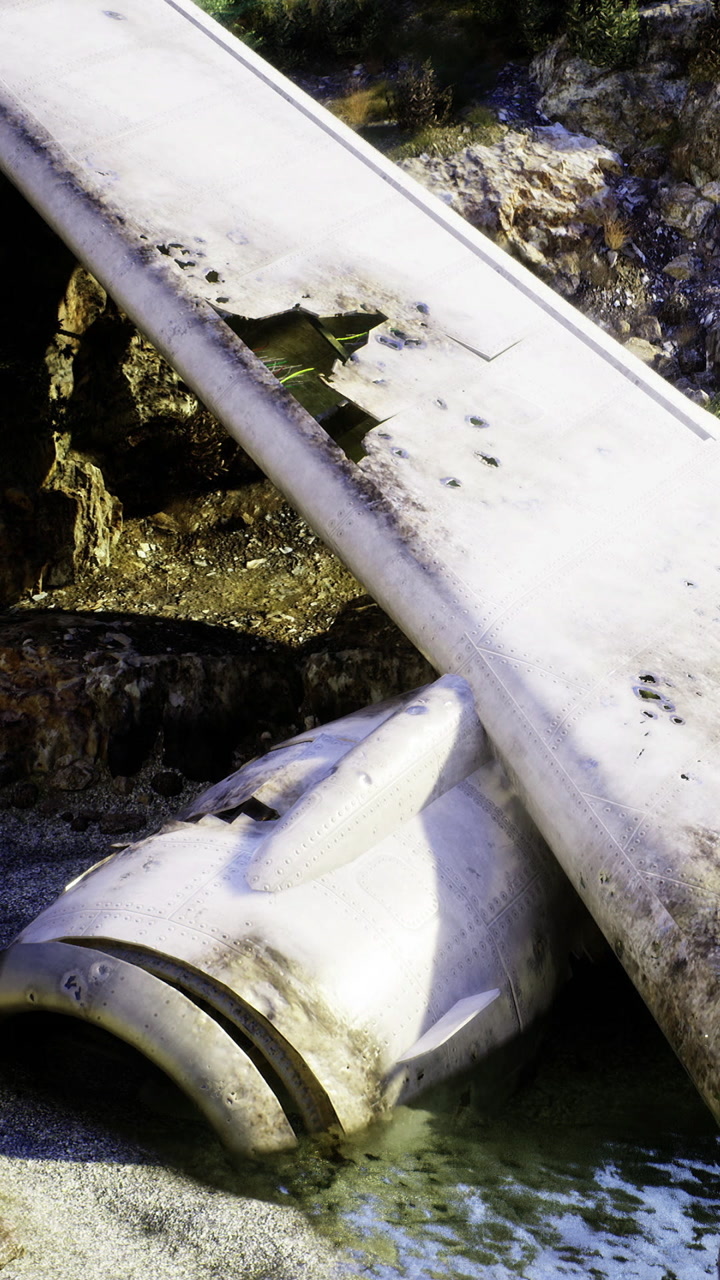Aircraft wreckage lies on the ground near a rocky area by water