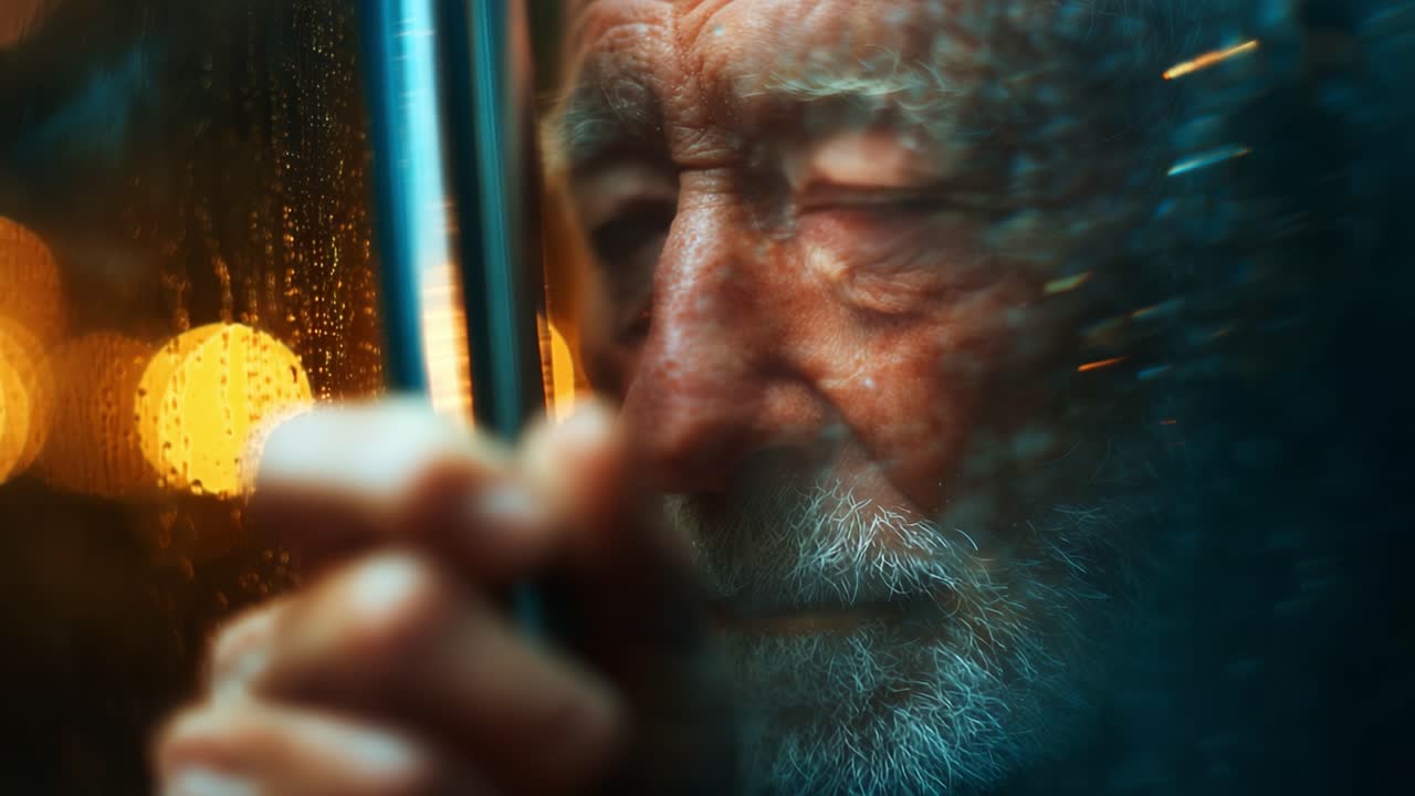 A Reflective Moment: An Elderly Man Gazes Thoughtfully Through a Rain-Laced Window, Deep in Contemplation While Captured in a Beautifully Soft-focus Scene of Emotion and Mood