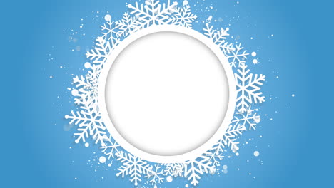 christmas snowflakes round frame on blue loop background. copy space.