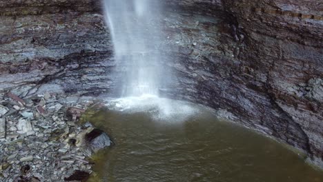 Panoramic-closeup-of-natural-inlet-where-waterfall-ends,-creating-a-pool-of-water