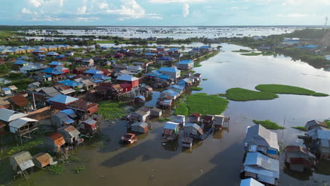 low sweep over cambodian swamp village near tonle sap lake