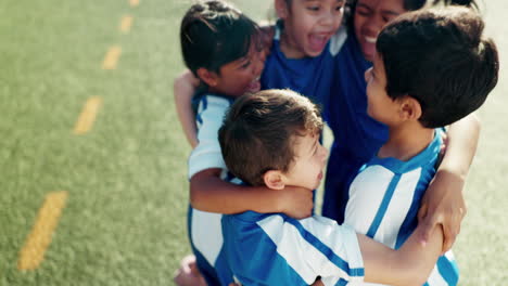 hug, above and children on a field for soccer