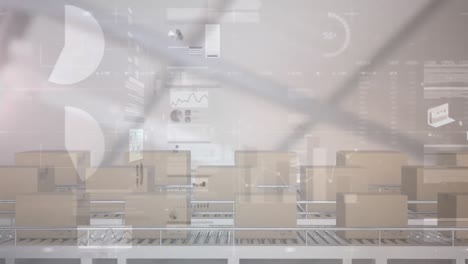animación del procesamiento de estadísticas sobre cajas de cartón en cintas transportadoras
