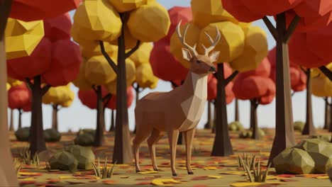 a vividly colorful forest scene showcasing a polygonal deer amidst lush autumn foliage and vibrantly colored trees in a playful 3d art style