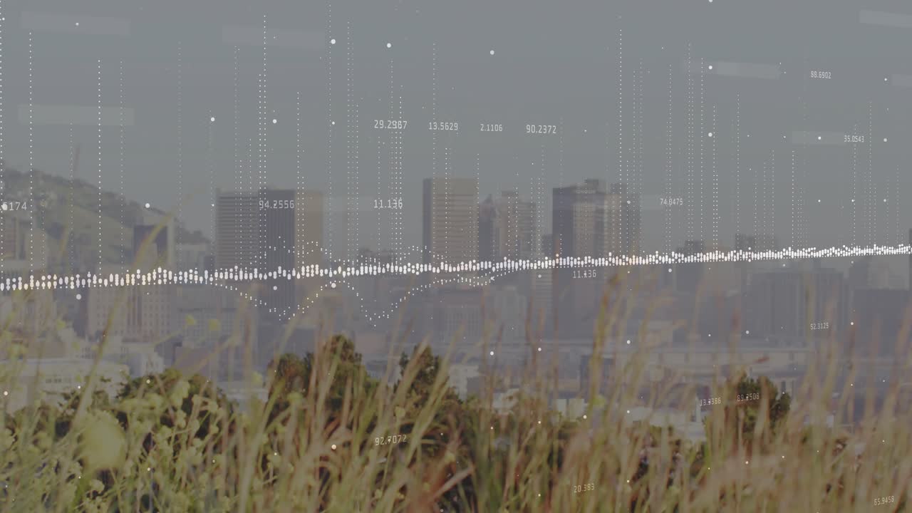 Waveform appearing, causing grasses swaying and band rising, peaking, settling, showing audio data