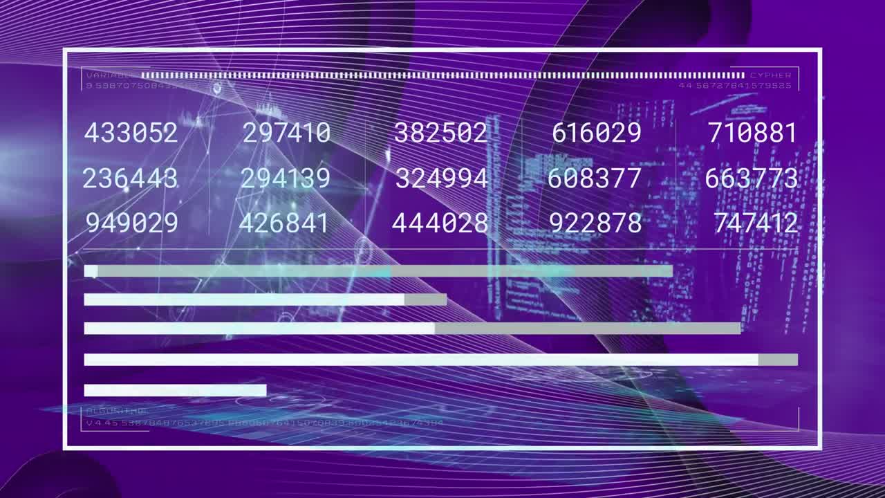 animación del procesamiento de datos financieros sobre un fondo púrpura