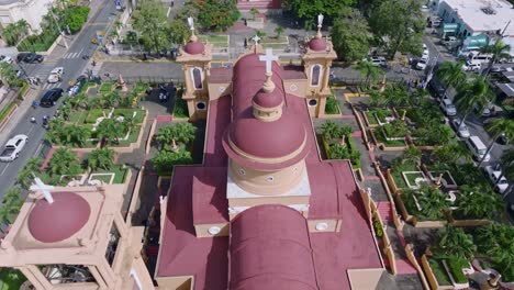 aerial pullback over distinctive nuestra senora de la consolacion, san cristobal